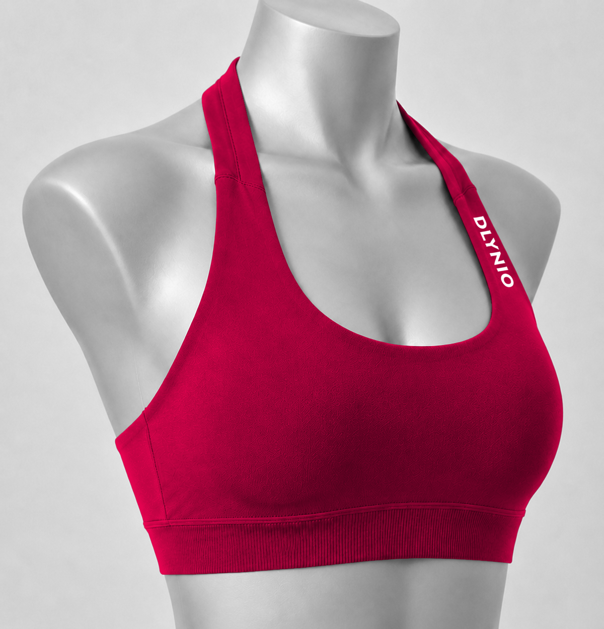 DLYNIO Wine Red halter sports bra, angled close-up view