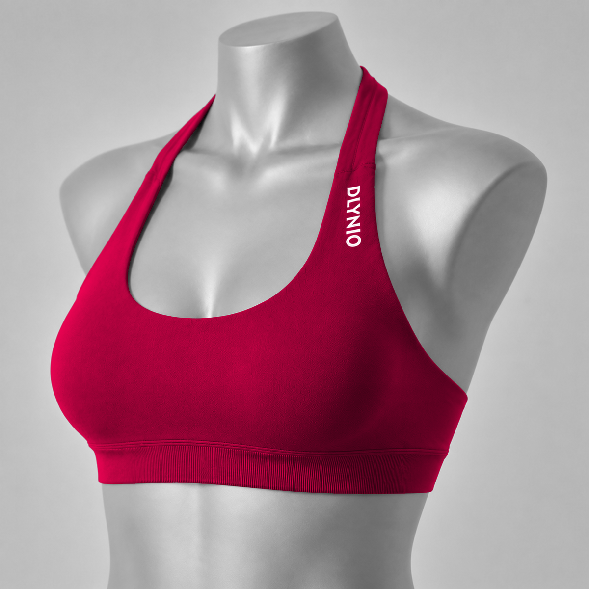 DLYNIO Wine Red halter sports bra, angled front view