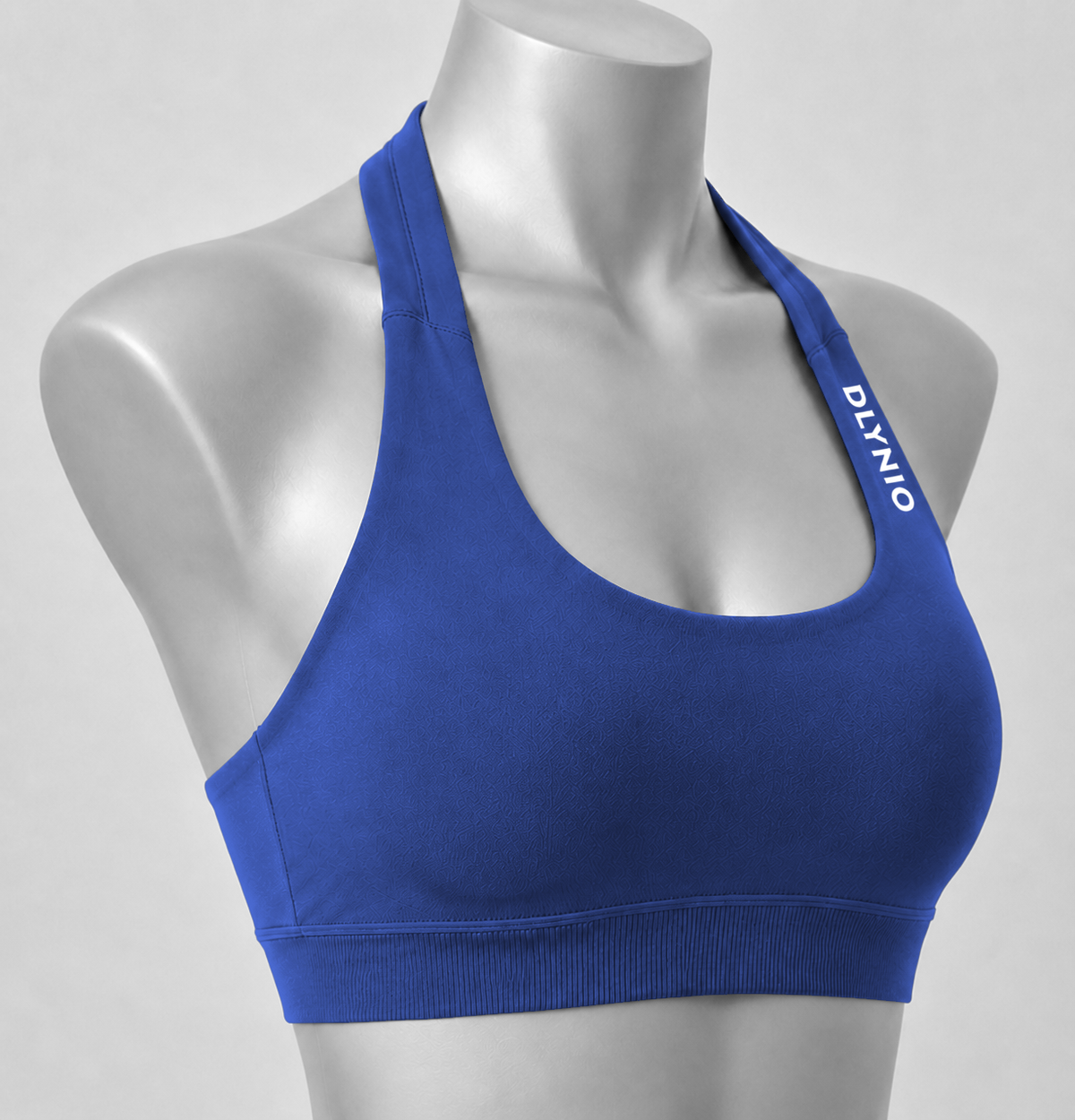 DLYNIO Blue Gray halter sports bra, angled close-up view