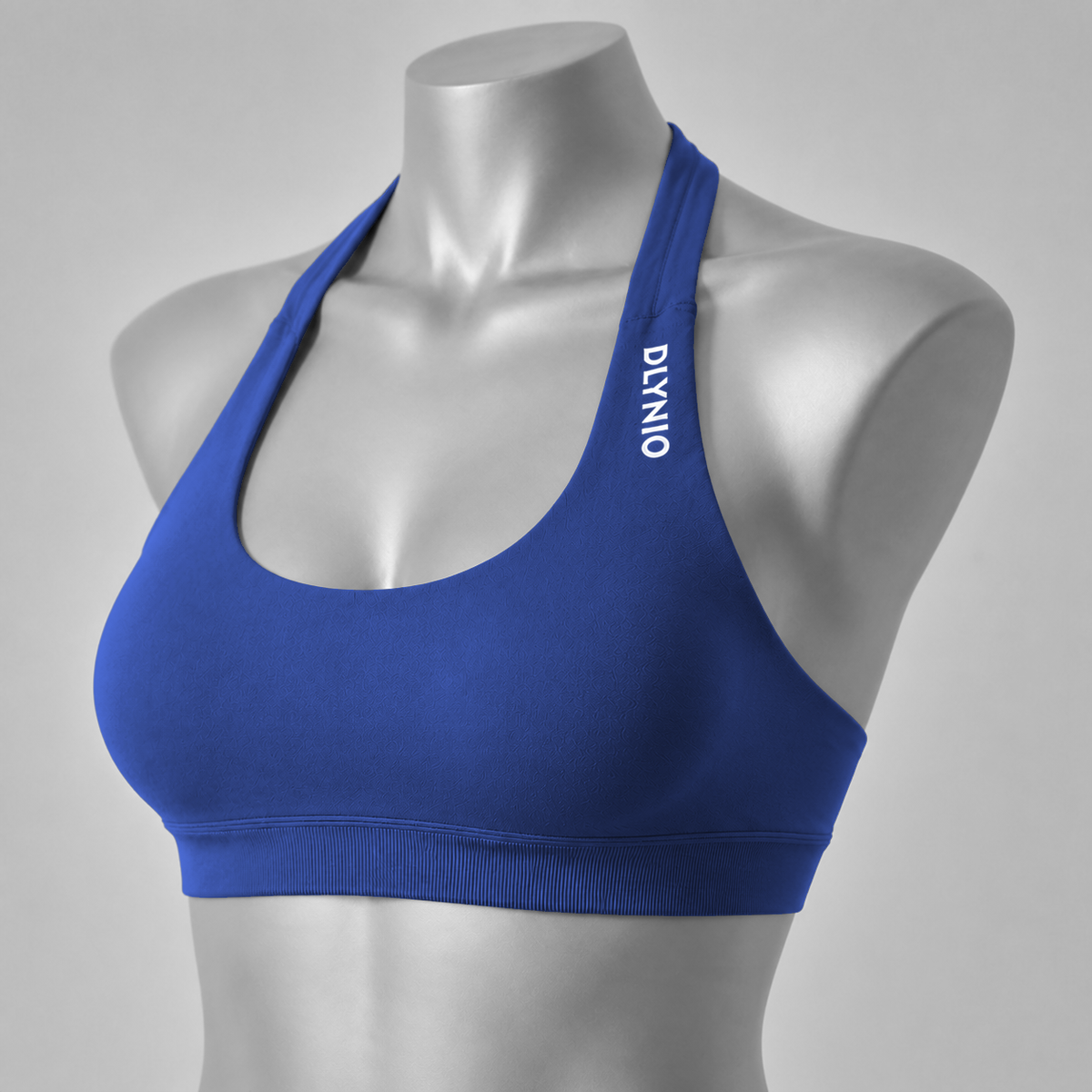 DLYNIO Blue Gray halter sports bra, angled front view
