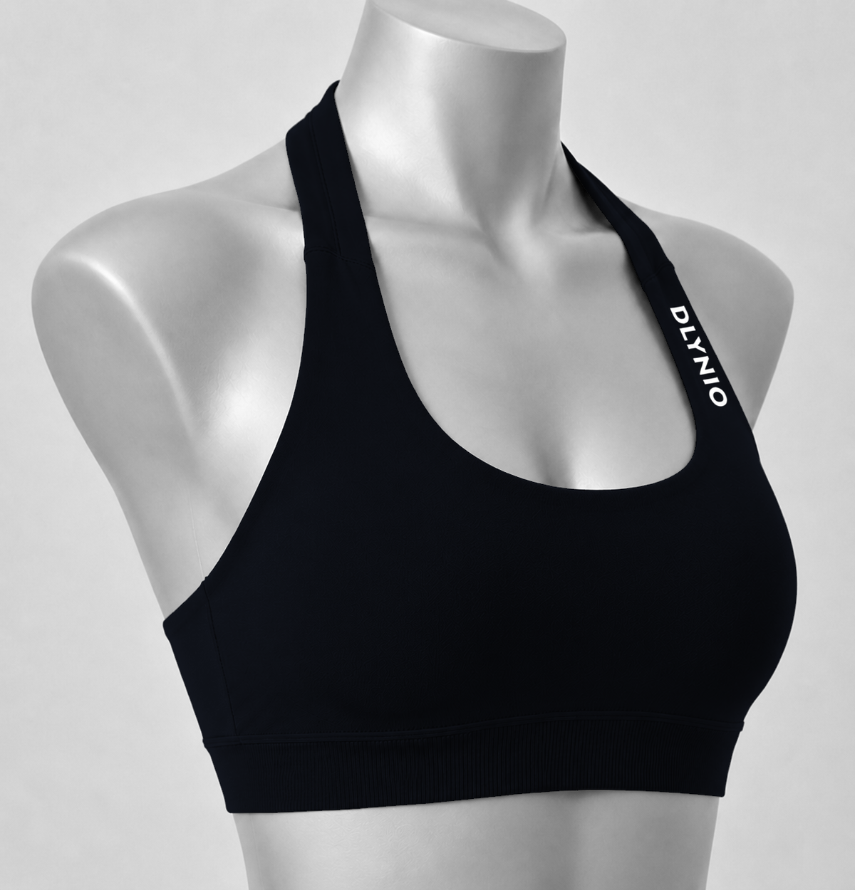 DLYNIO Midnight Black halter sports bra, angled close-up view