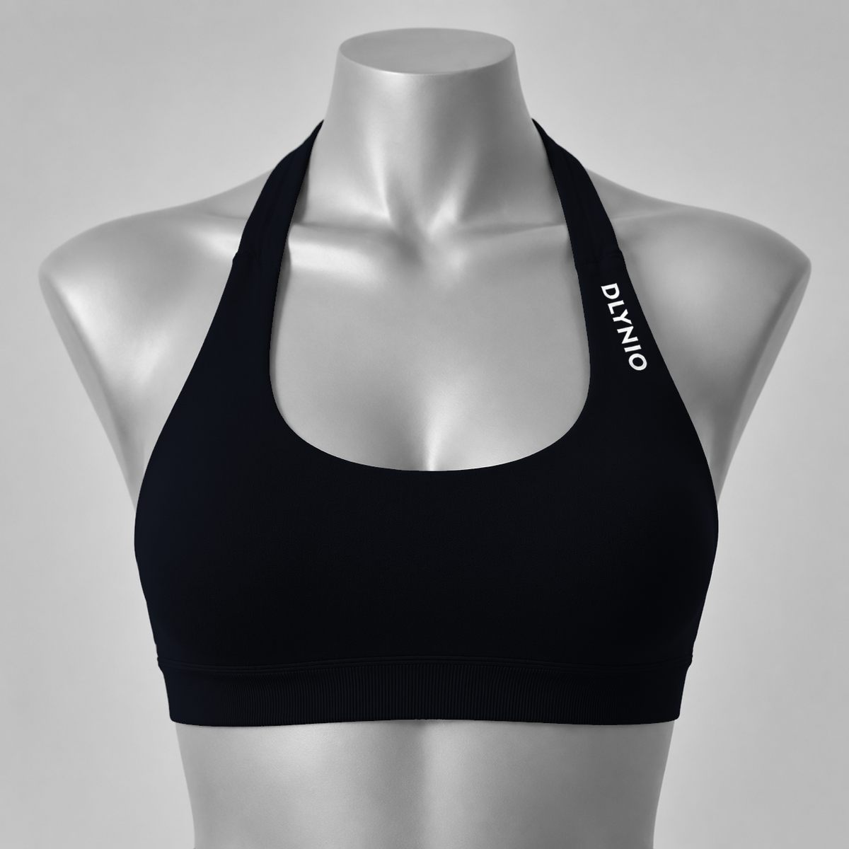 DLYNIO Midnight Black halter sports bra, front view