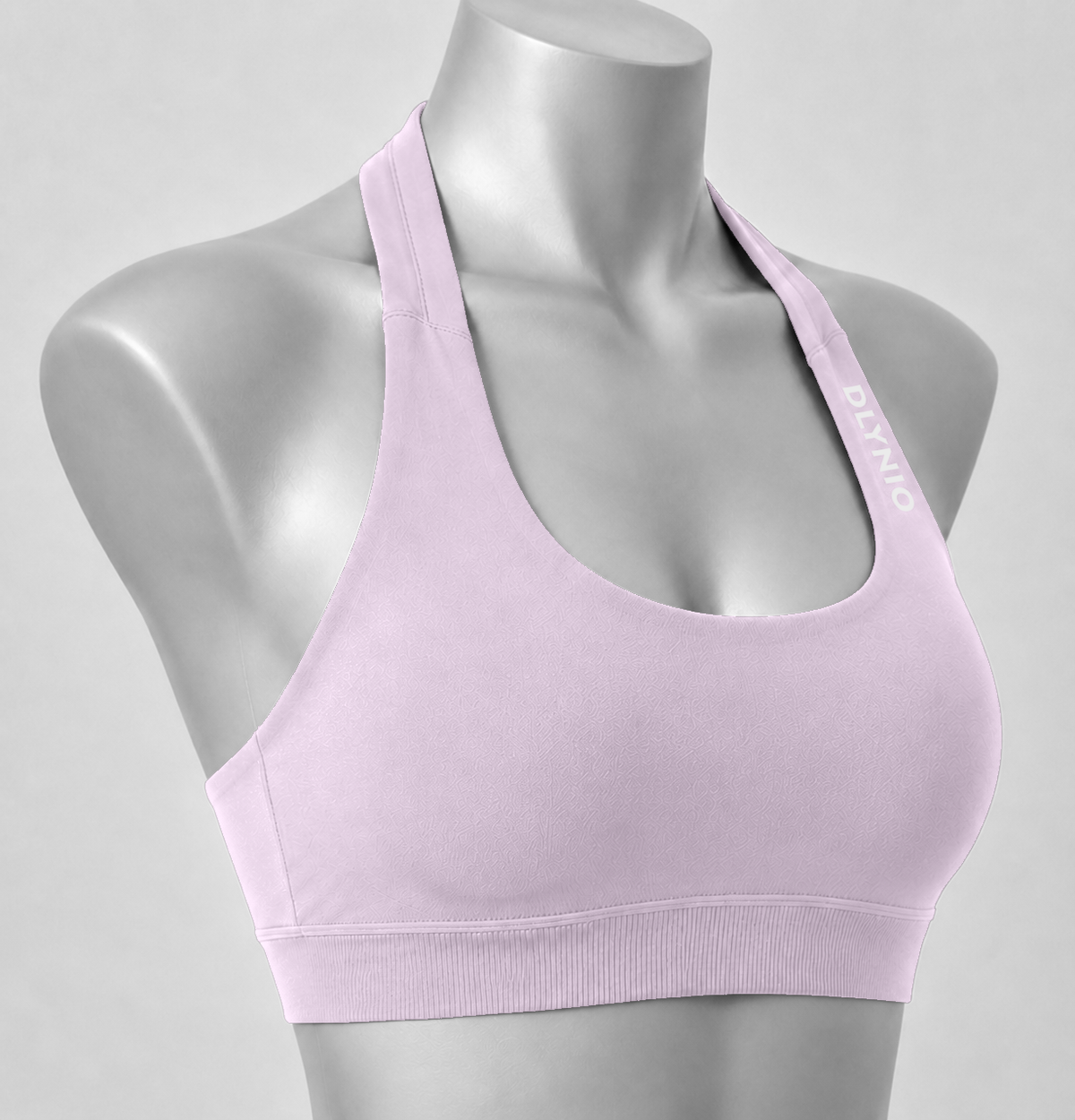 DLYNIO Barbie Pink halter sports bra, angled close-up view