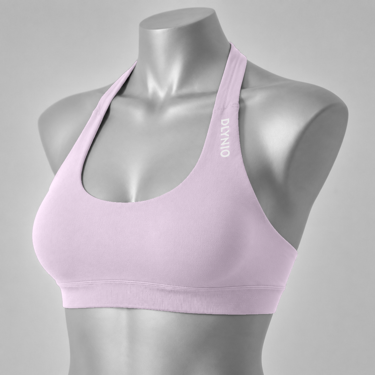 DLYNIO Barbie Pink halter sports bra, angled front view