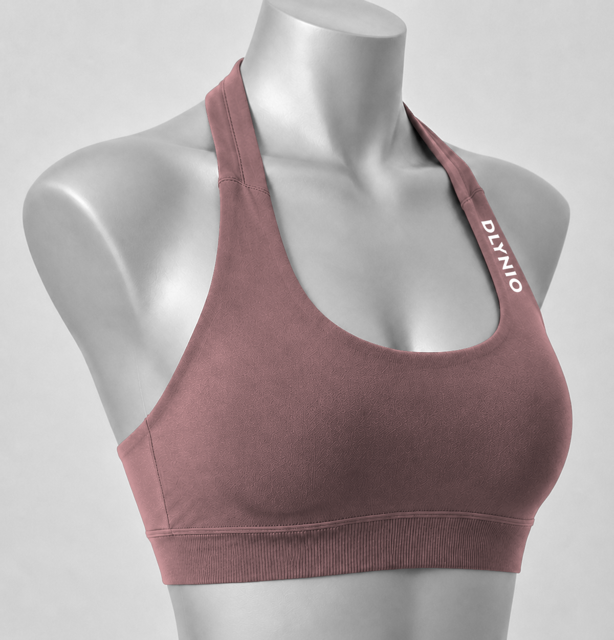 DLYNIO Coffee halter sports bra, angled close-up view