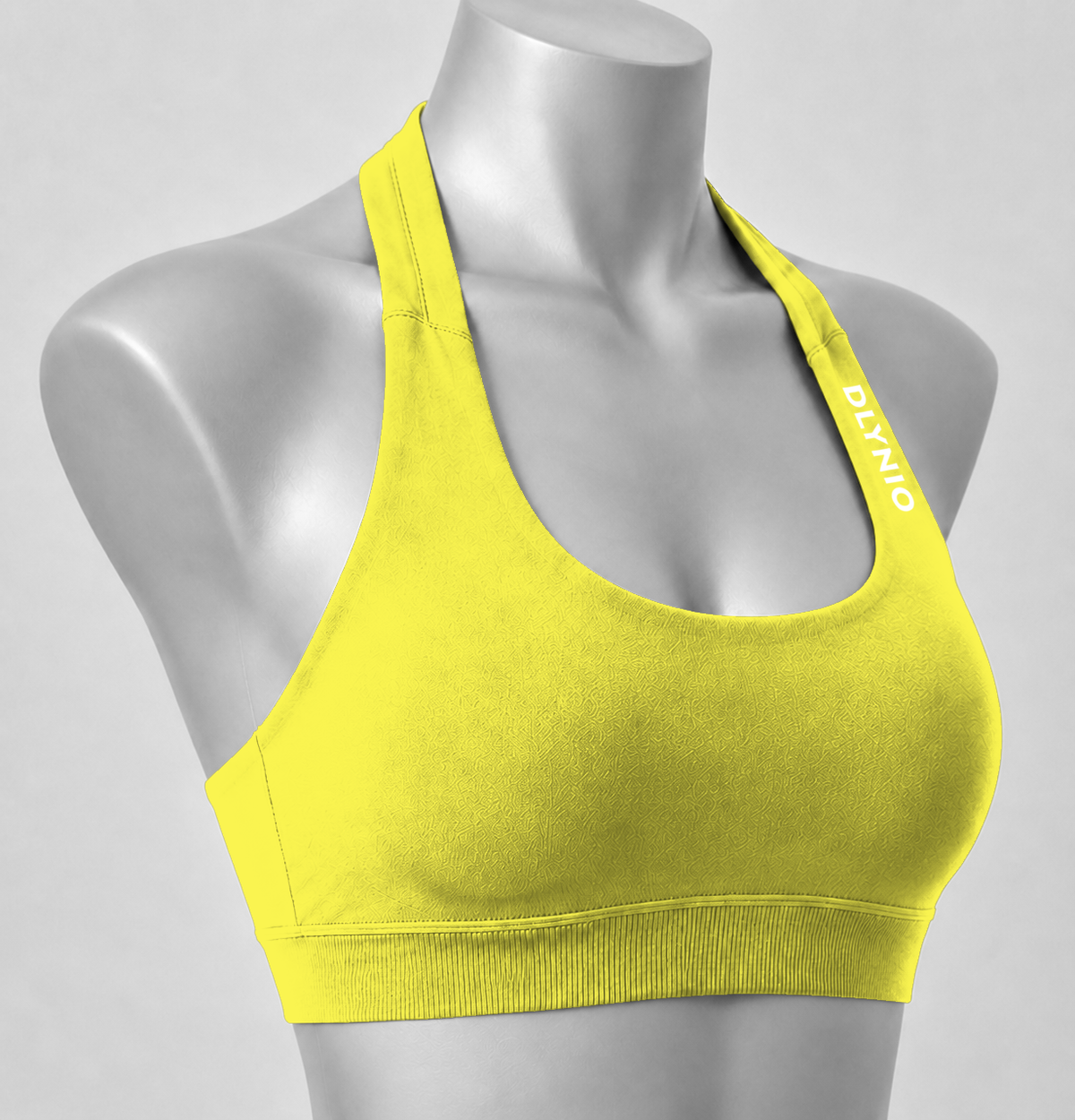 DLYNIO Chick Yellow halter sports bra, angled close-up view