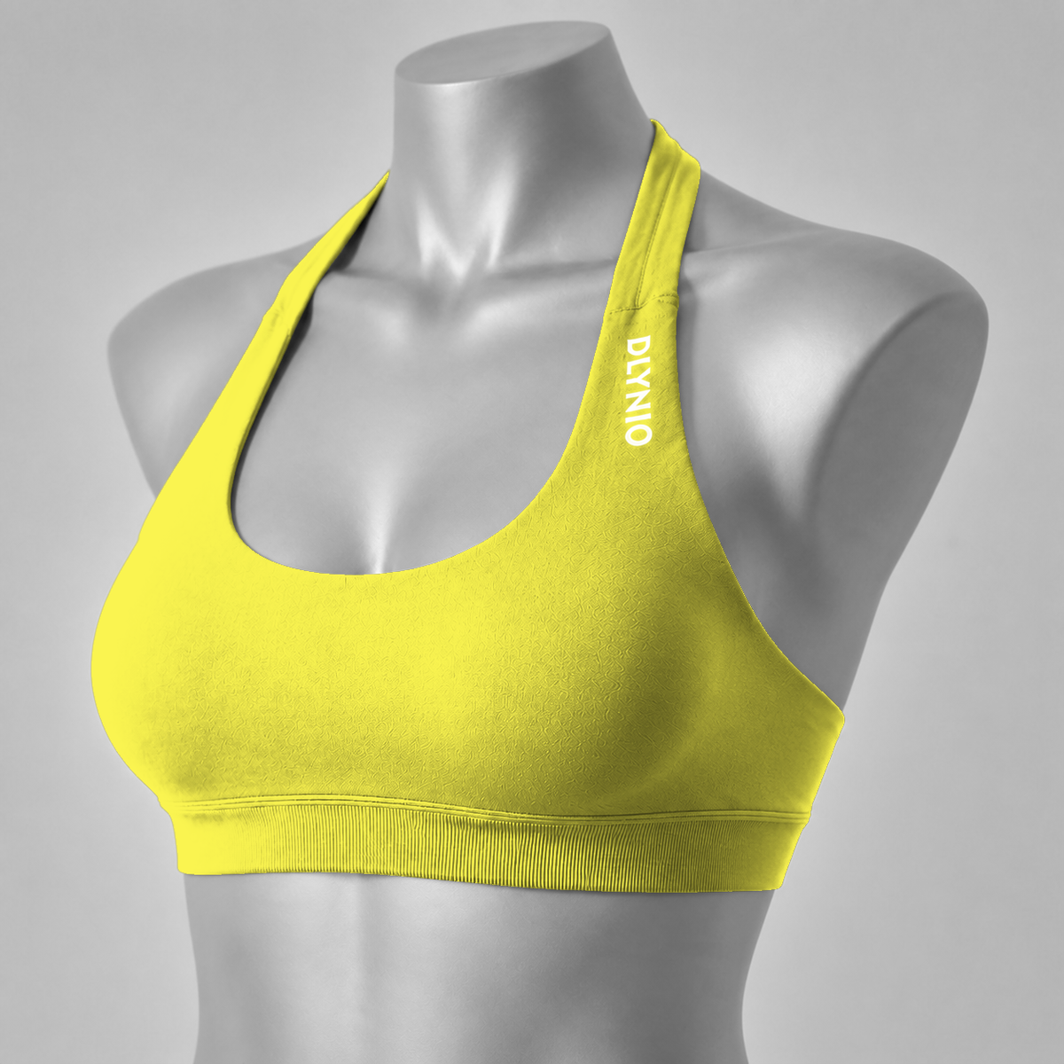 DLYNIO Chick Yellow halter sports bra, angled front view