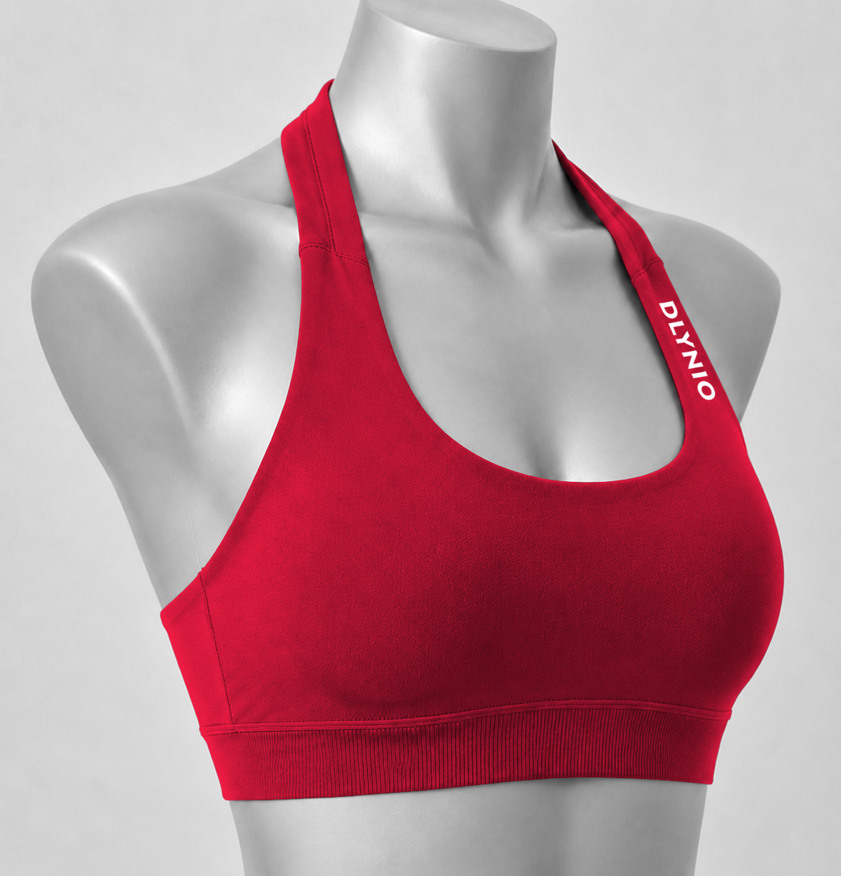 DLYNIO Chilli Red halter sports bra, angled close-up view