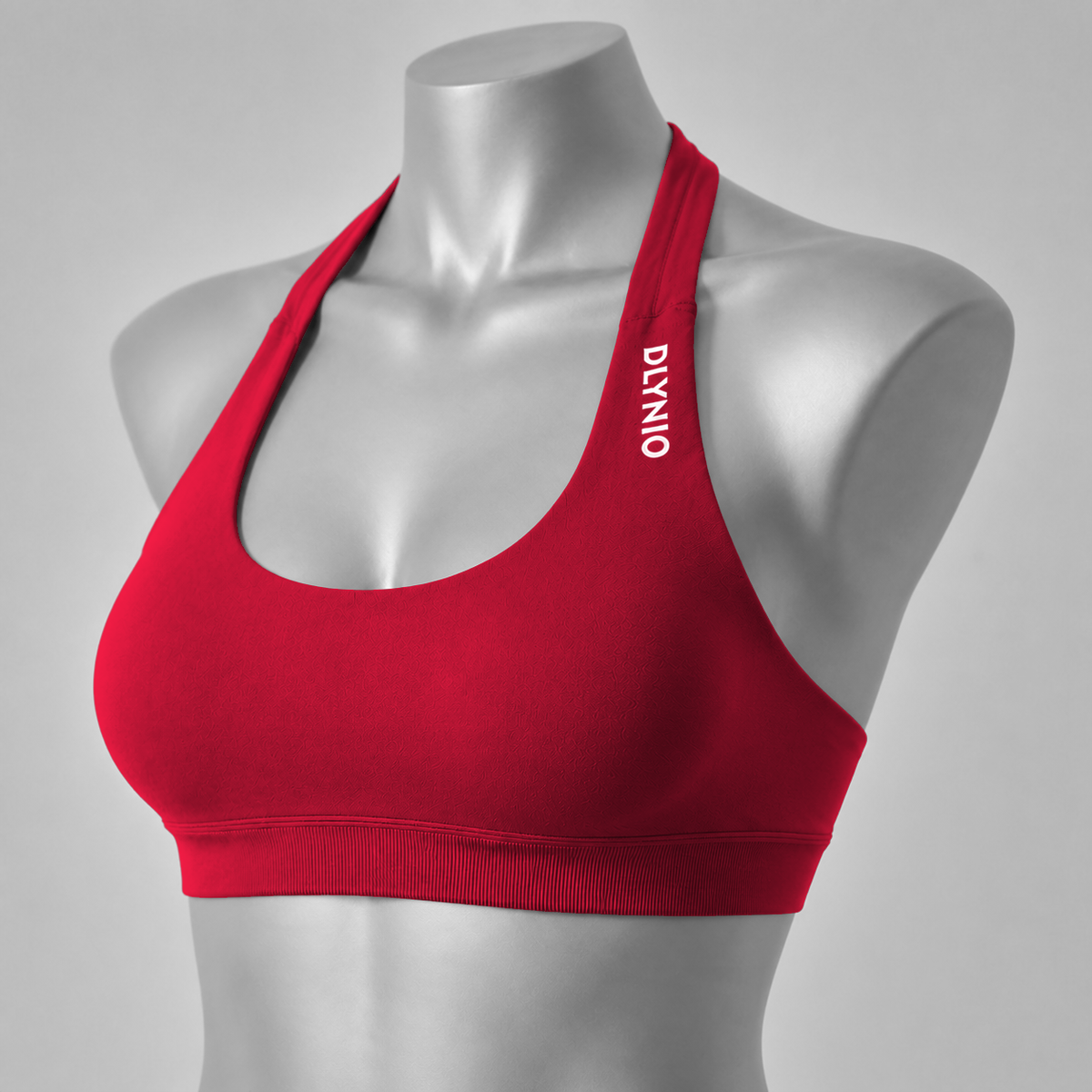 DLYNIO Chilli Red halter sports bra, angled front view