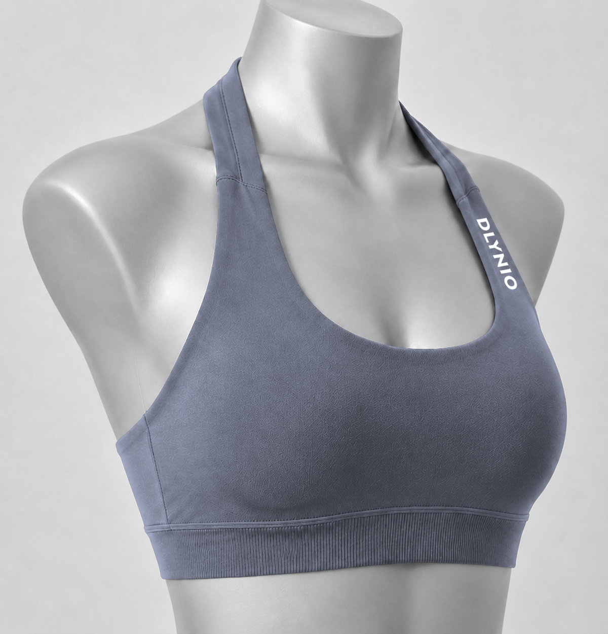DLYNIO Dark Gray halter sports bra, angled close-up view
