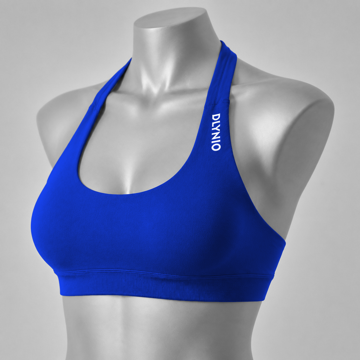 DLYNIO Deep Sea Blue halter sports bra, angled front view