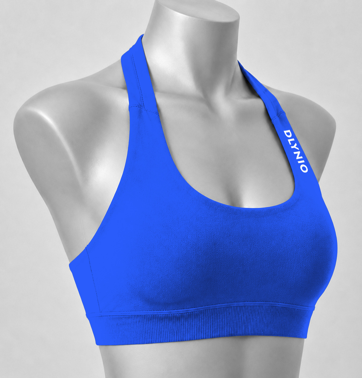 DLYNIO Electric Blue halter sports bra, angled close-up view