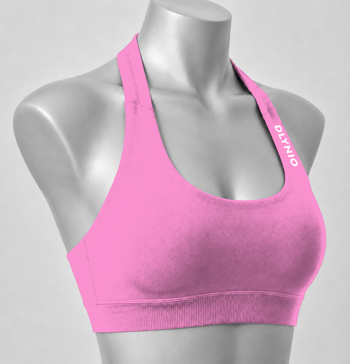 DLYNIO Blossom Pink halter sports bra, angled close-up view