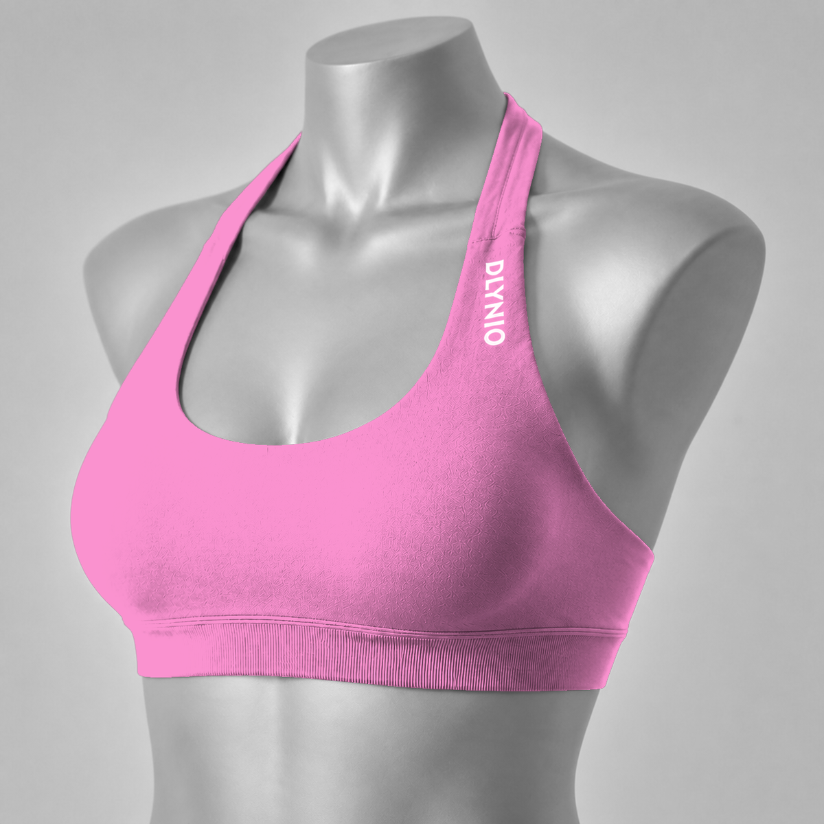 DLYNIO Blossom Pink halter sports bra, angled front view