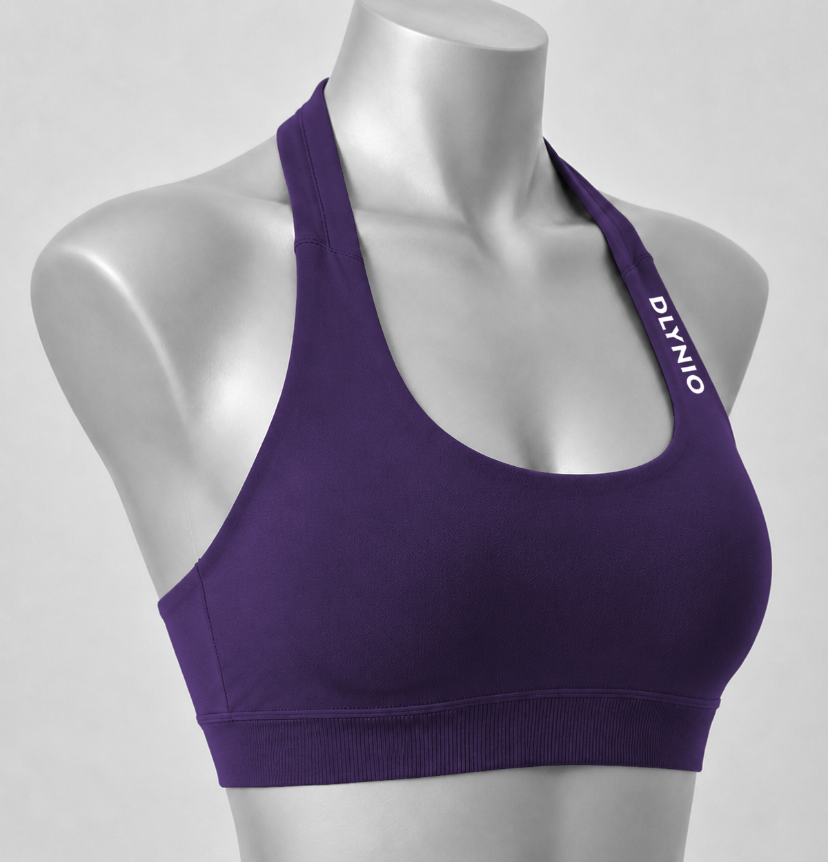 DLYNIO Grape Purple halter sports bra, angled close-up view
