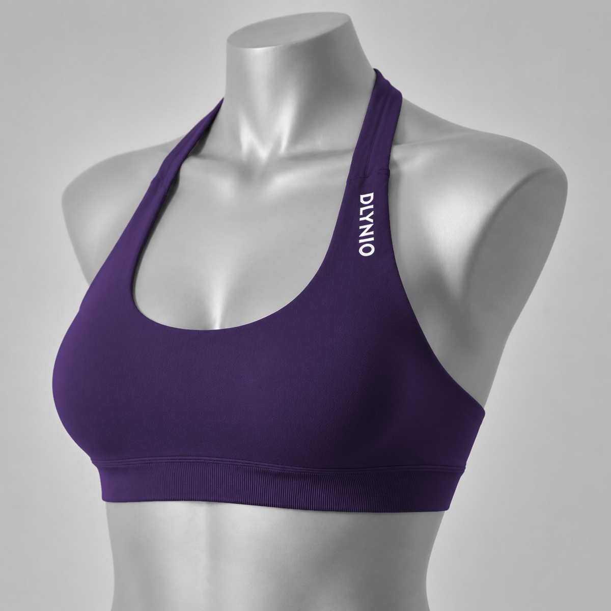 DLYNIO Grape Purple halter sports bra, angled front view