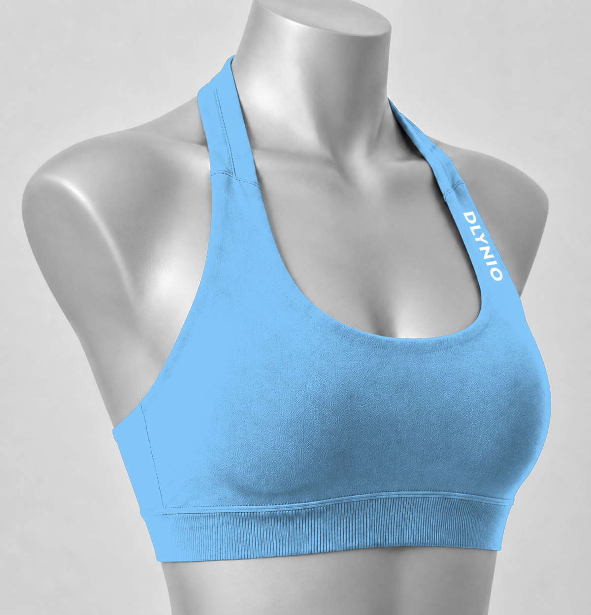 DLYNIO Light Blue halter sports bra, angled close-up view