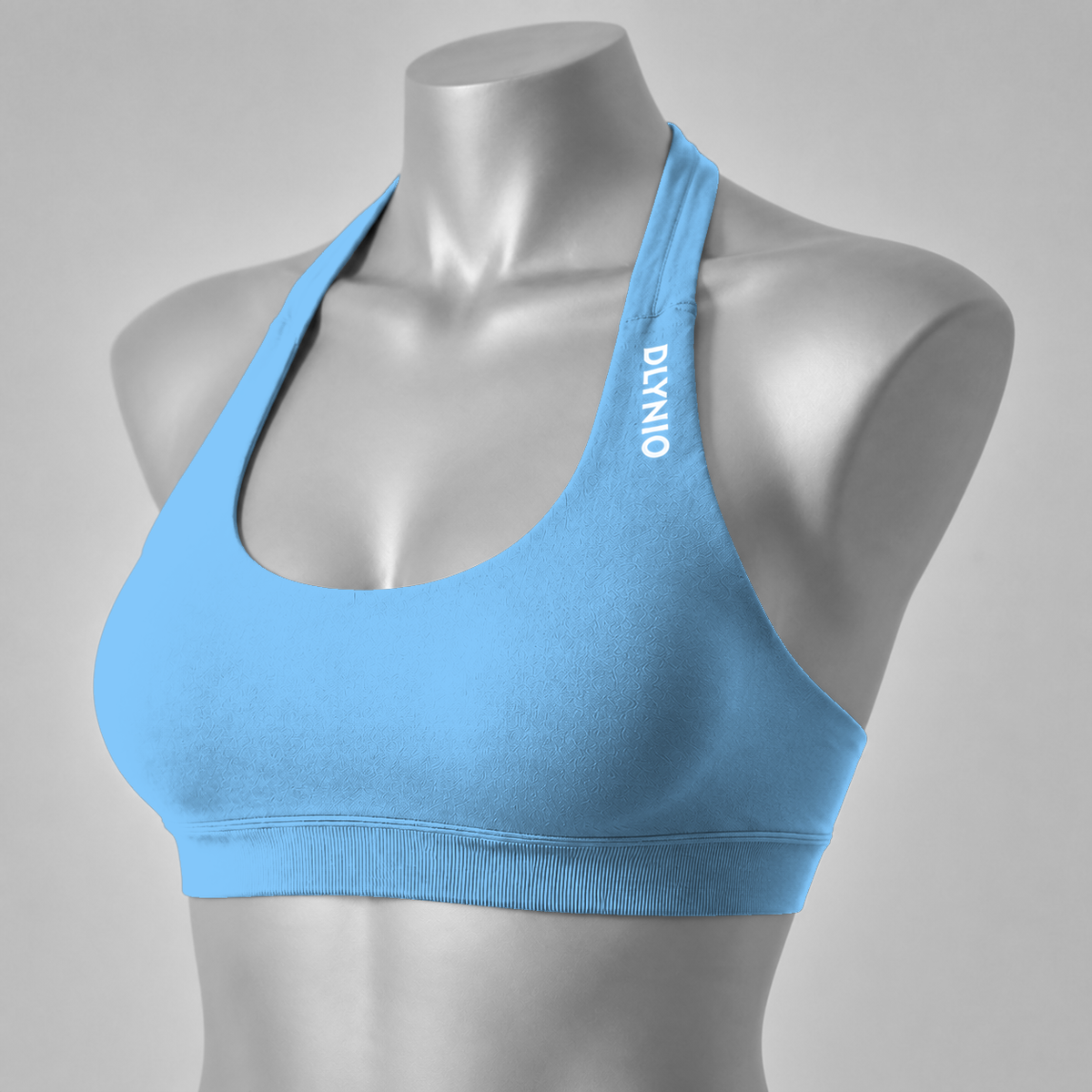 DLYNIO Light Blue halter sports bra, angled front view