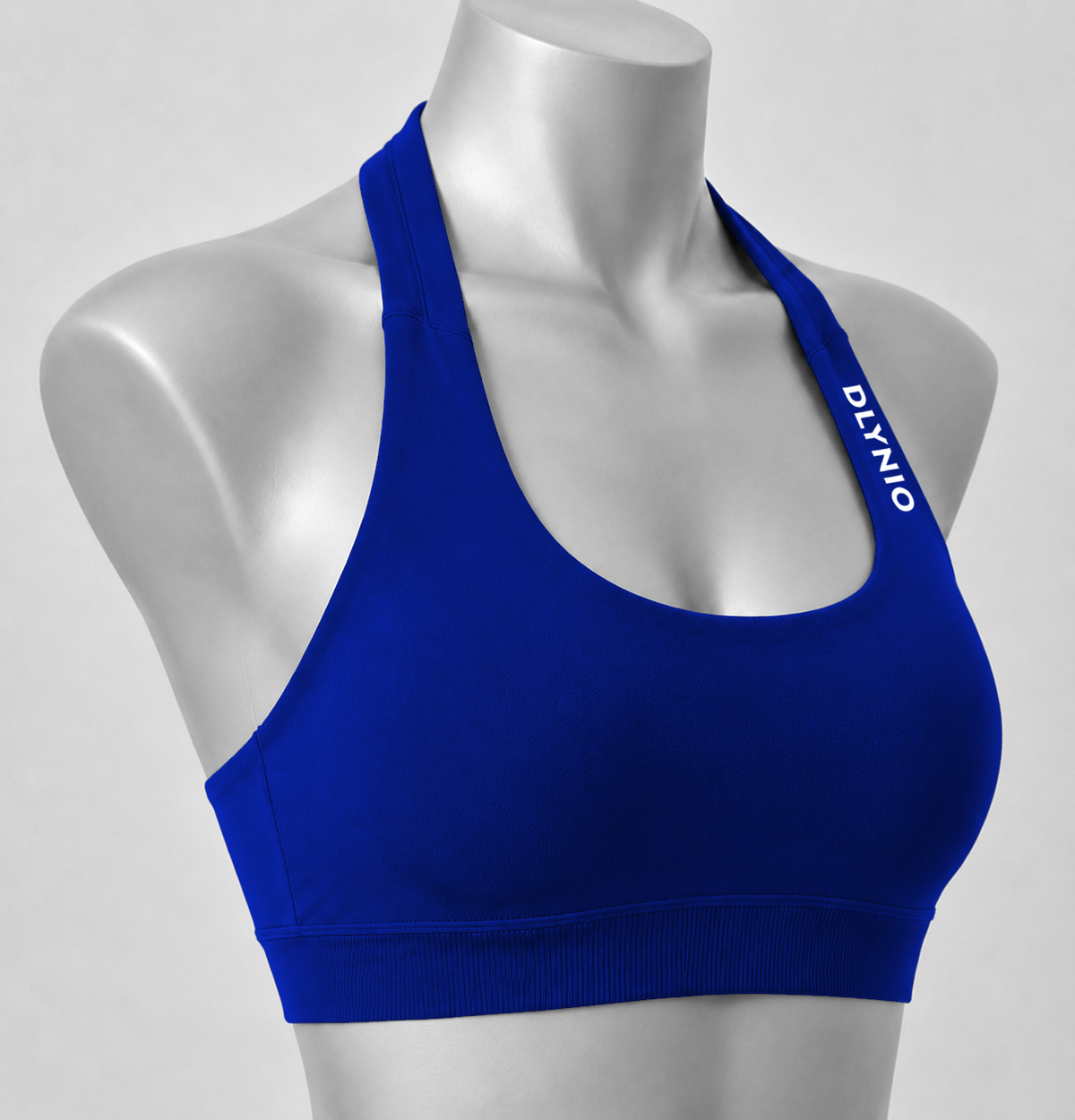 DLYNIO Ink Blue halter sports bra, angled close-up view