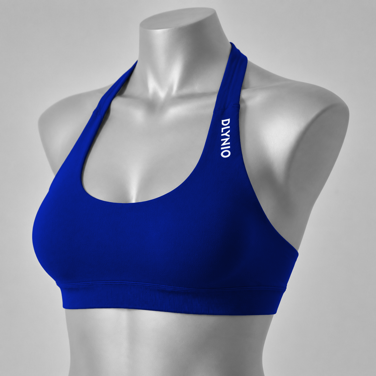 DLYNIO Ink Blue halter sports bra, angled front view