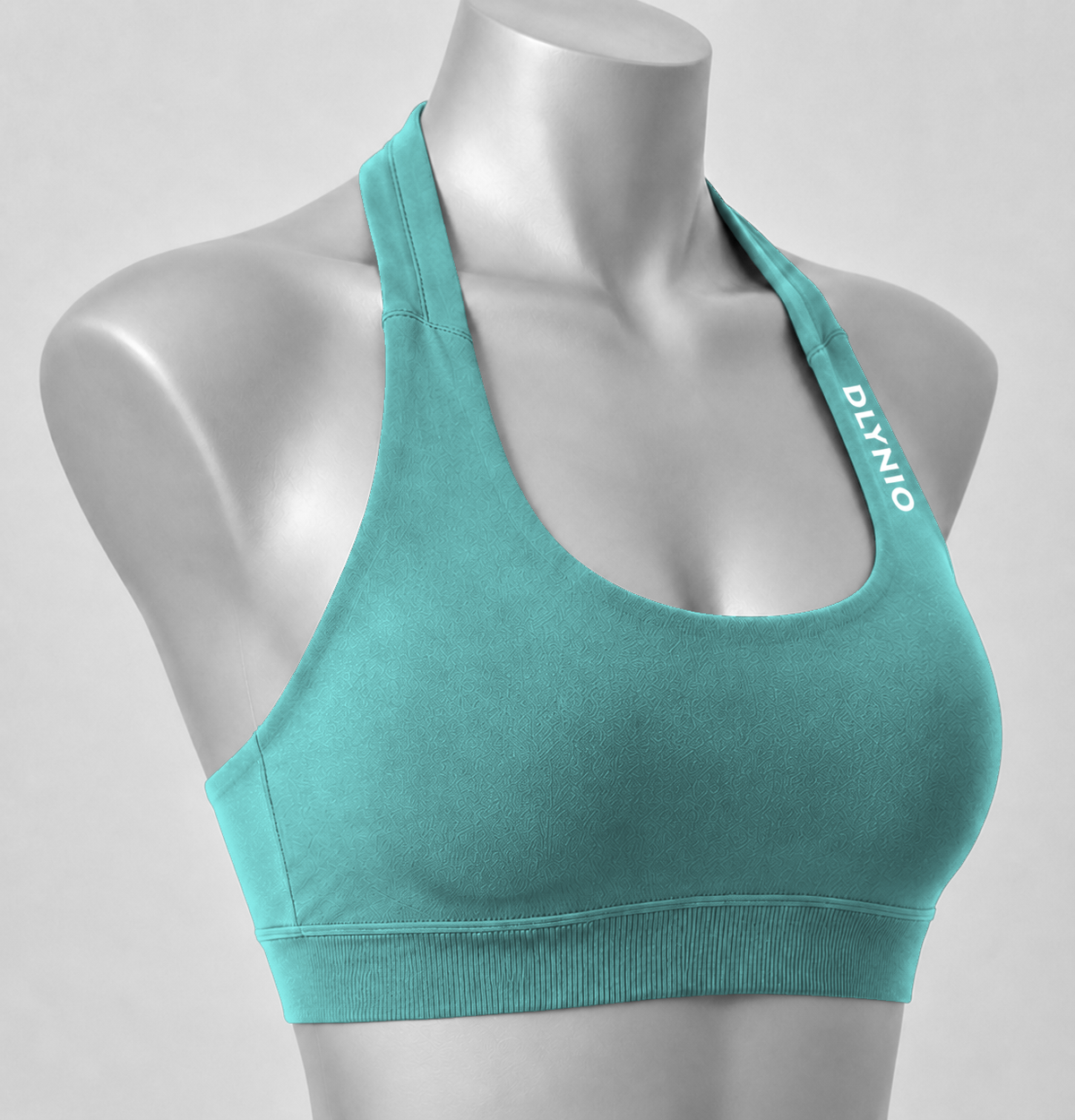 DLYNIO Mint Green halter sports bra, angled close-up view