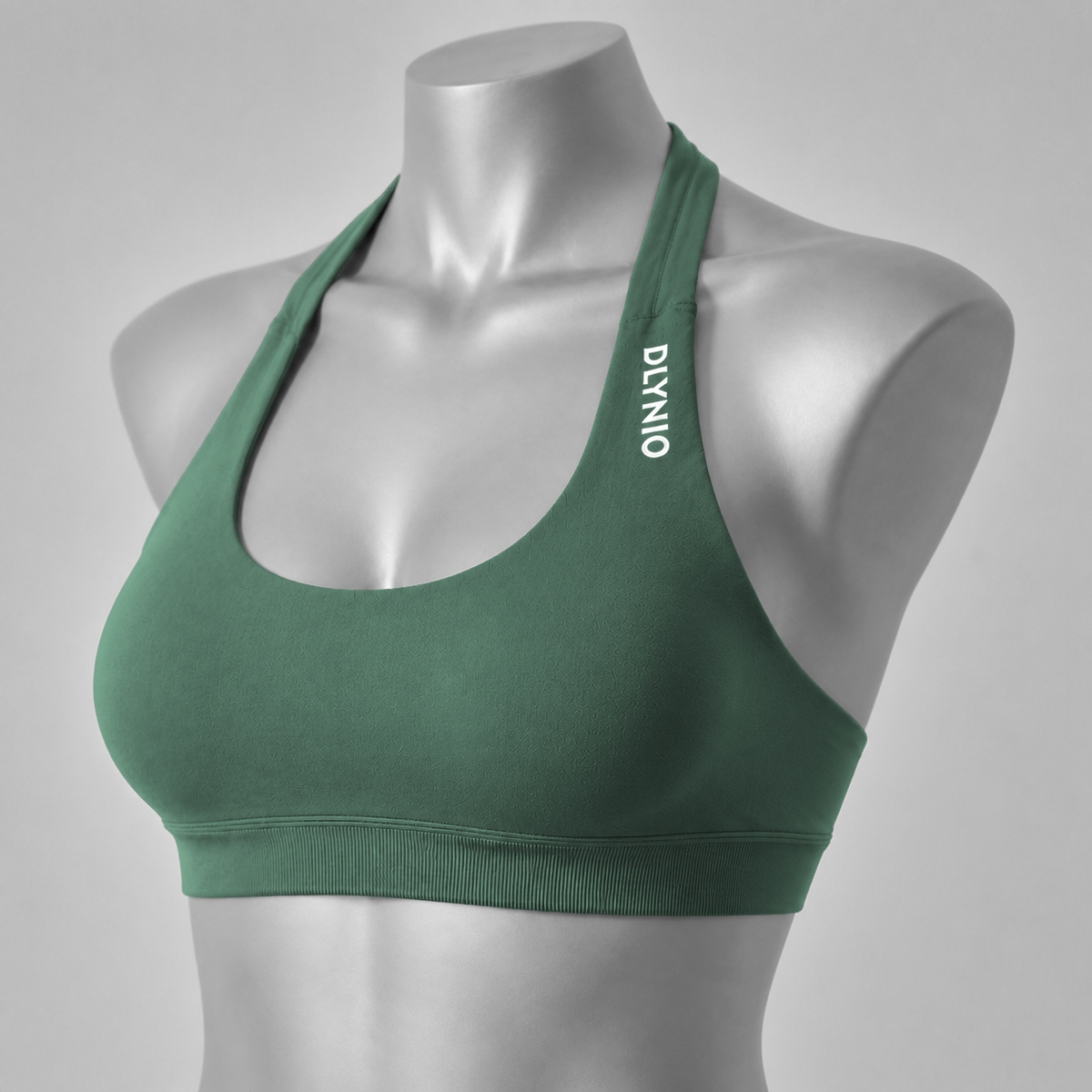 DLYNIO Pistachio halter sports bra, angled front view