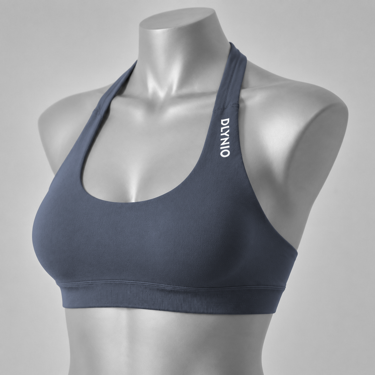 DLYNIO Shark Gray halter sports bra, angled front view