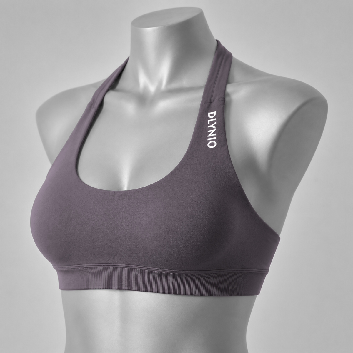 DLYNIO Truffle halter sports bra, angled front view