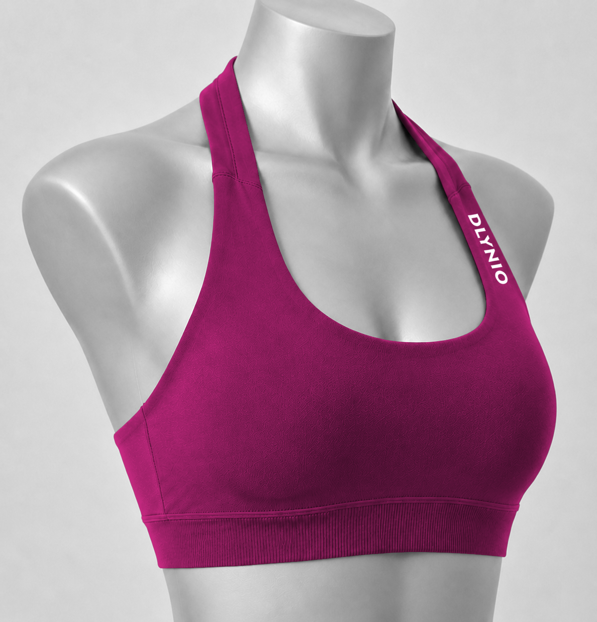 DLYNIO Wild Berry halter sports bra, angled close-up view