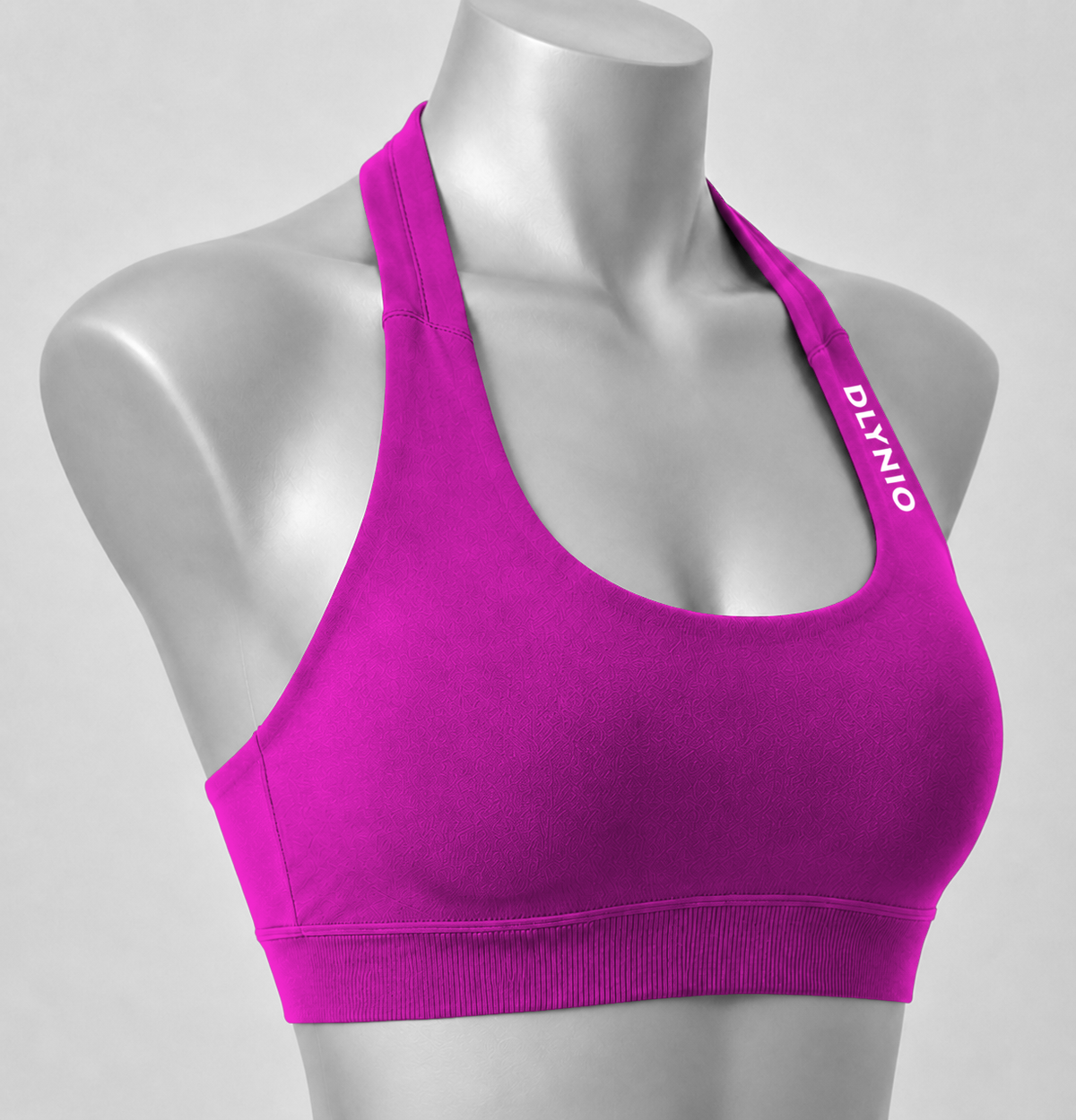 DLYNIO Berry halter sports bra, angled close-up view