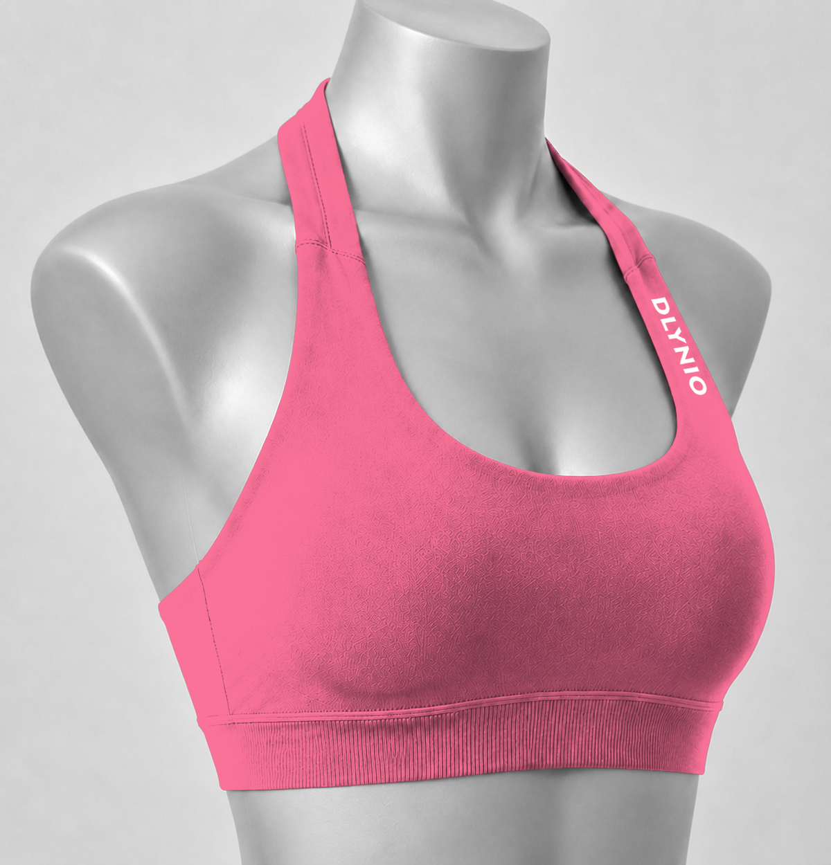 DLYNIO Coral halter sports bra, angled close-up view