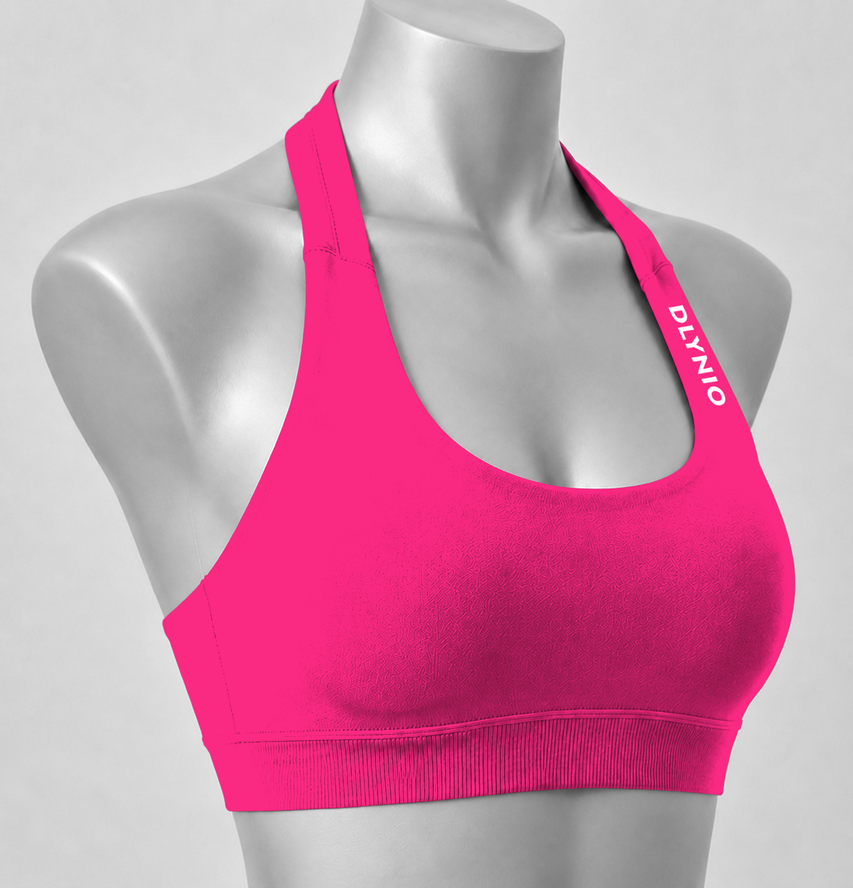 DLYNIO Dragon Fruit Pink halter sports bra, angled close-up view