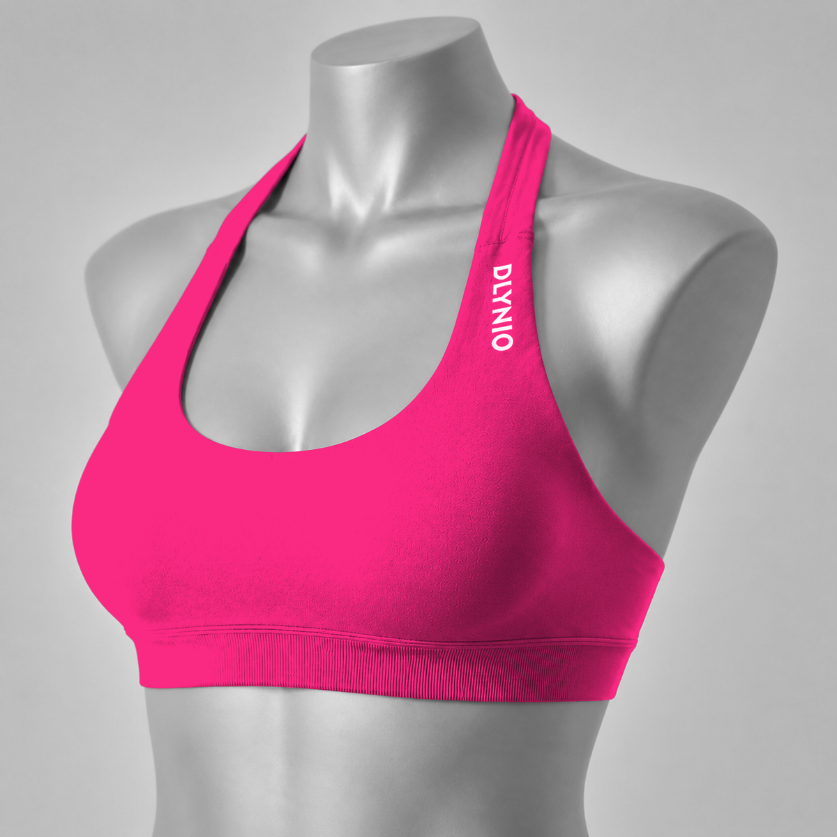DLYNIO Dragon Fruit Pink halter sports bra, angled front view