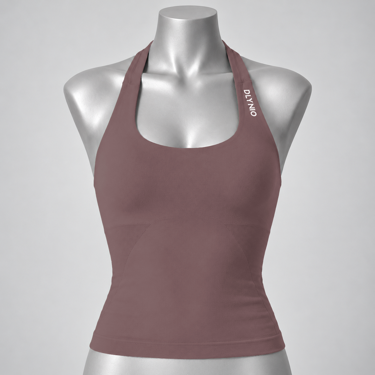 Impact Halter Top in Coffee, front mannequin view
