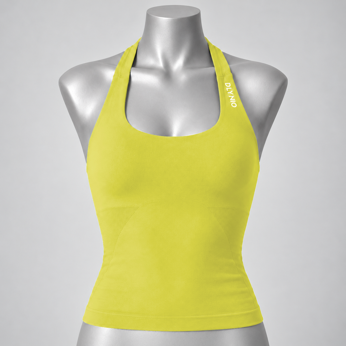 Impact Halter Top in Chick Yellow, front mannequin view