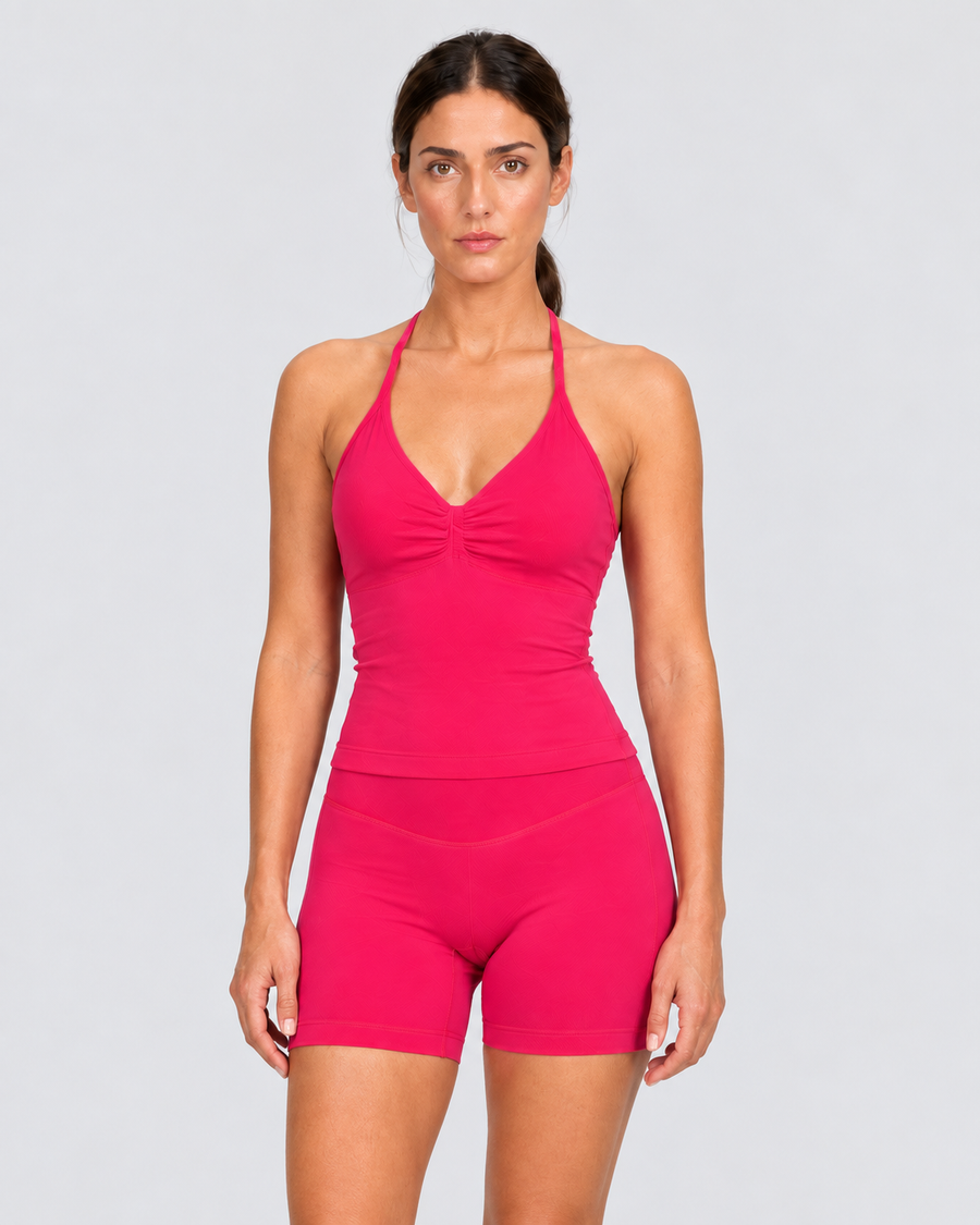 DLYNIO Dragon Fruit Pink ruched longline halter bra; bottoms and accessories not included