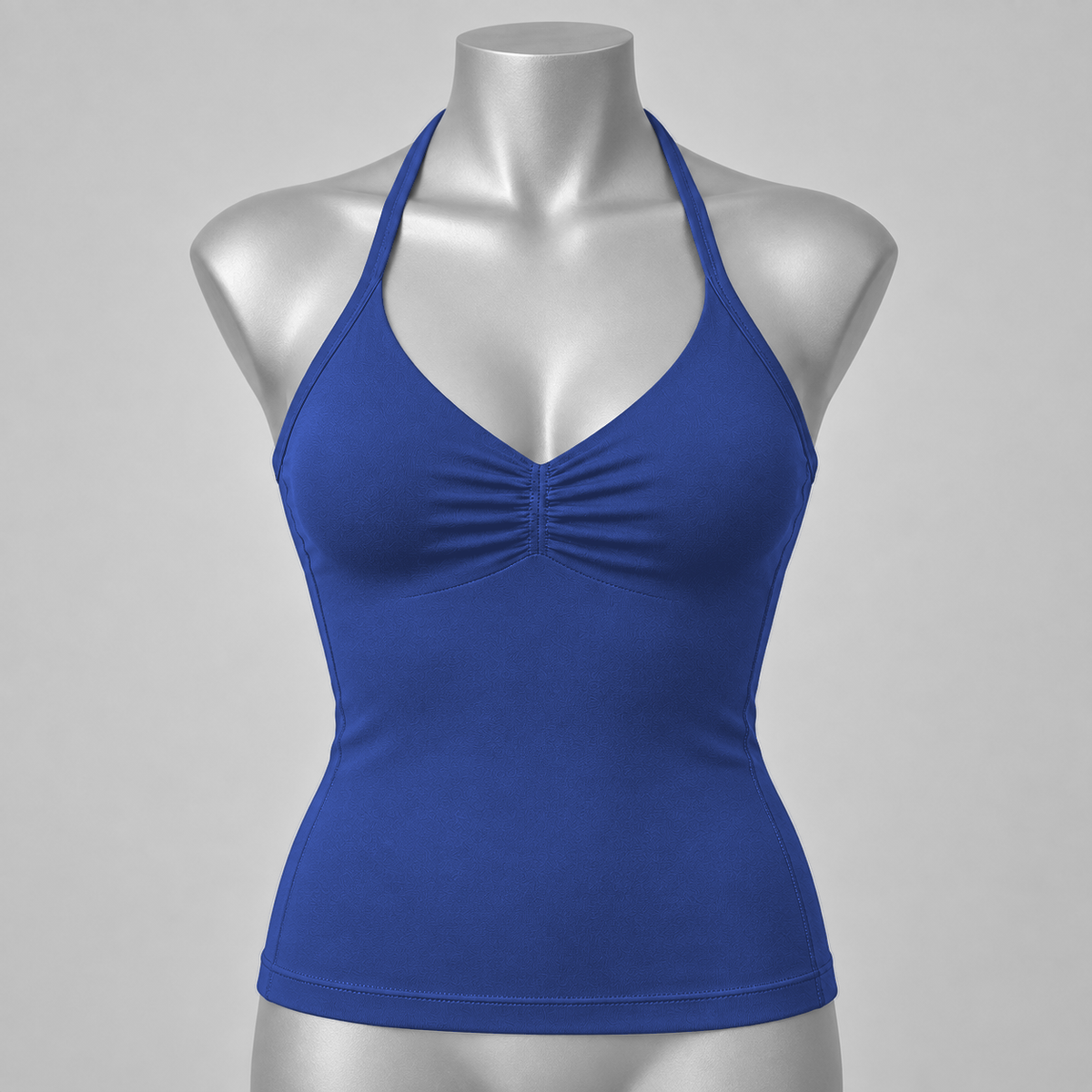DLYNIO Blue Gray ruched longline halter bra, front mannequin view