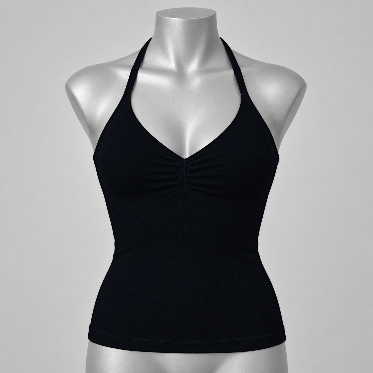 DLYNIO Midnight Black ruched longline halter bra, front mannequin view