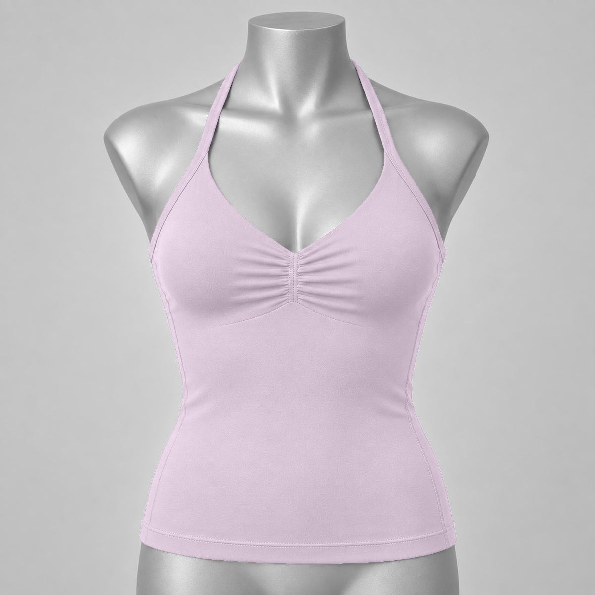 DLYNIO Barbie Pink ruched longline halter bra, front mannequin view