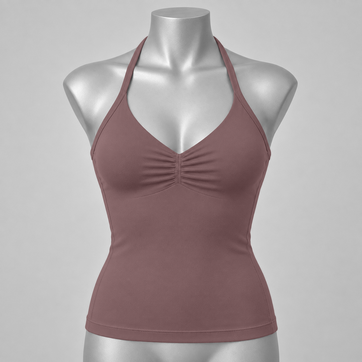 DLYNIO Coffee ruched longline halter bra, front mannequin view