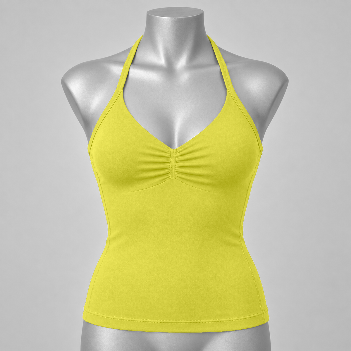 DLYNIO Chick Yellow ruched longline halter bra, front mannequin view