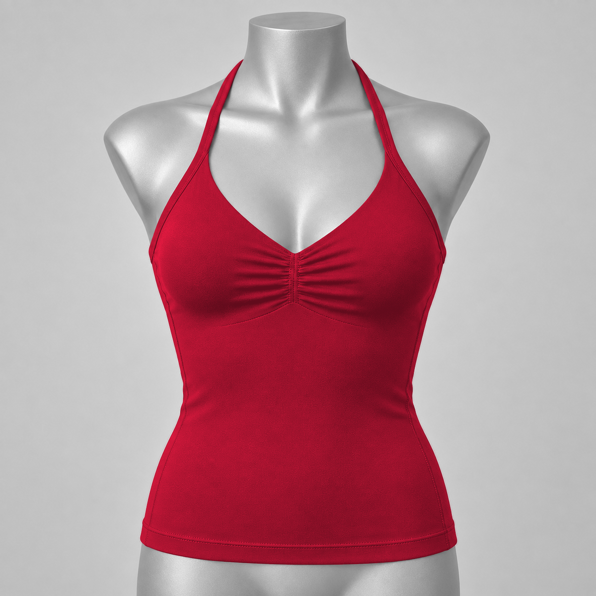 DLYNIO Chilli Red ruched longline halter bra, front mannequin view