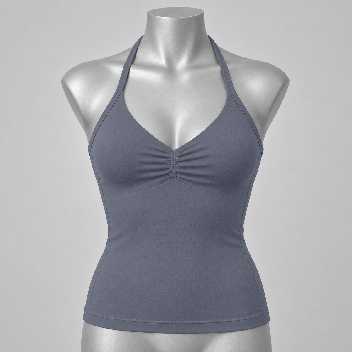 DLYNIO Dark Gray ruched longline halter bra, front mannequin view