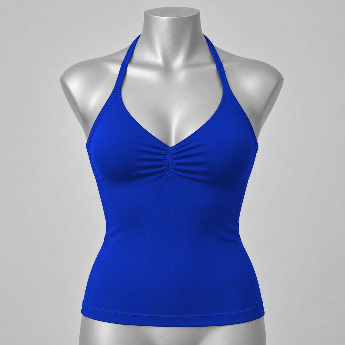 DLYNIO Deep Sea Blue ruched longline halter bra, front mannequin view