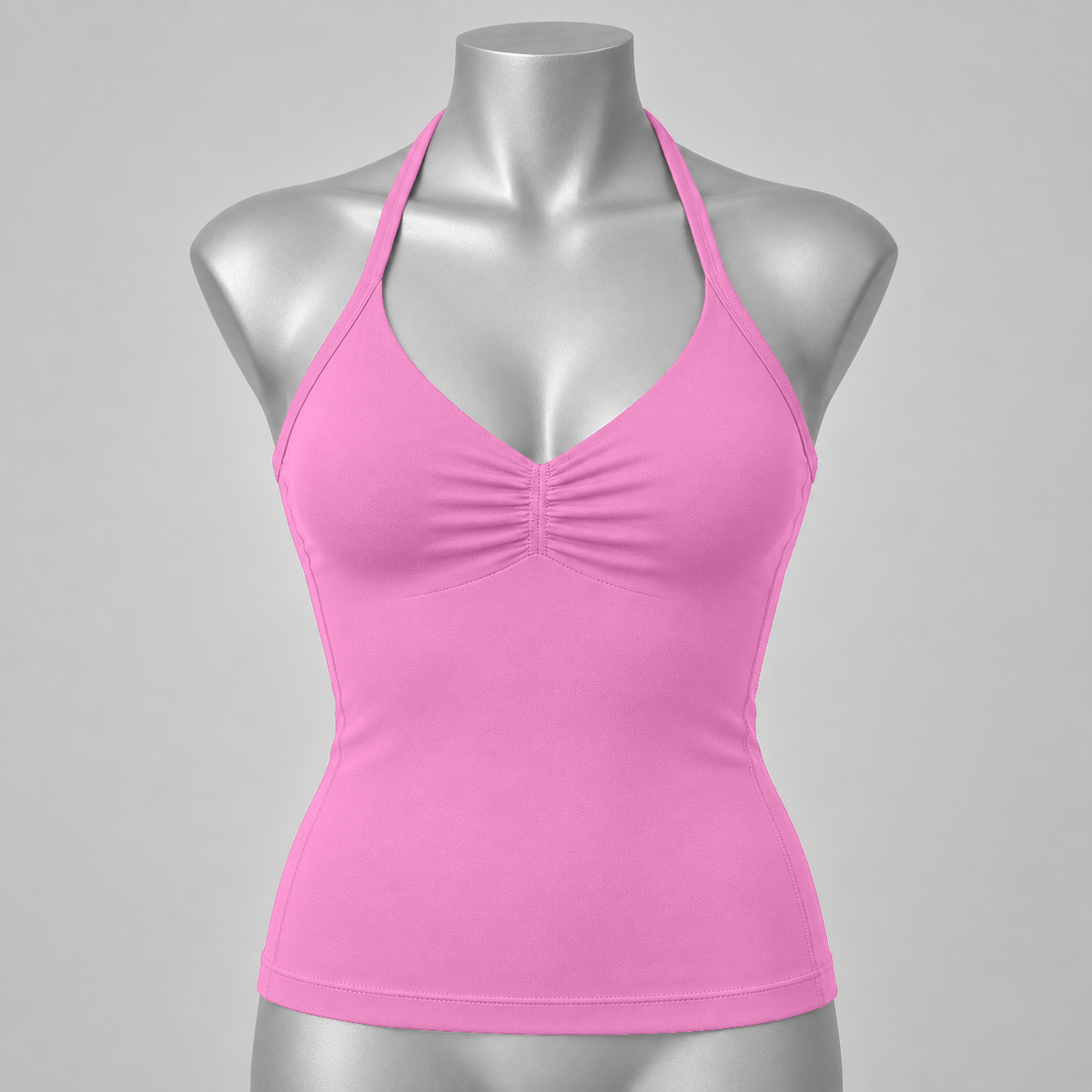 DLYNIO Blossom Pink ruched longline halter bra, front mannequin view