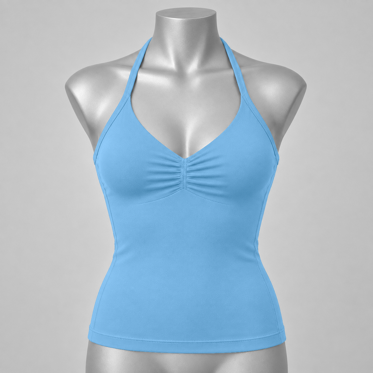 DLYNIO Light Blue ruched longline halter bra, front mannequin view