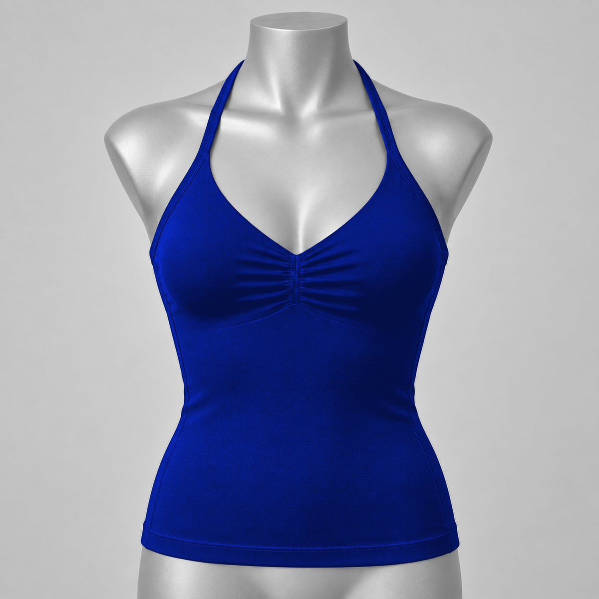 DLYNIO Ink Blue ruched longline halter bra, front mannequin view