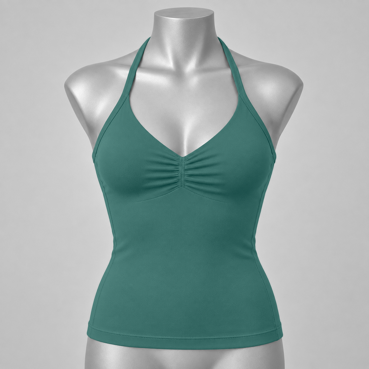 DLYNIO Pine Green ruched longline halter bra, front mannequin view