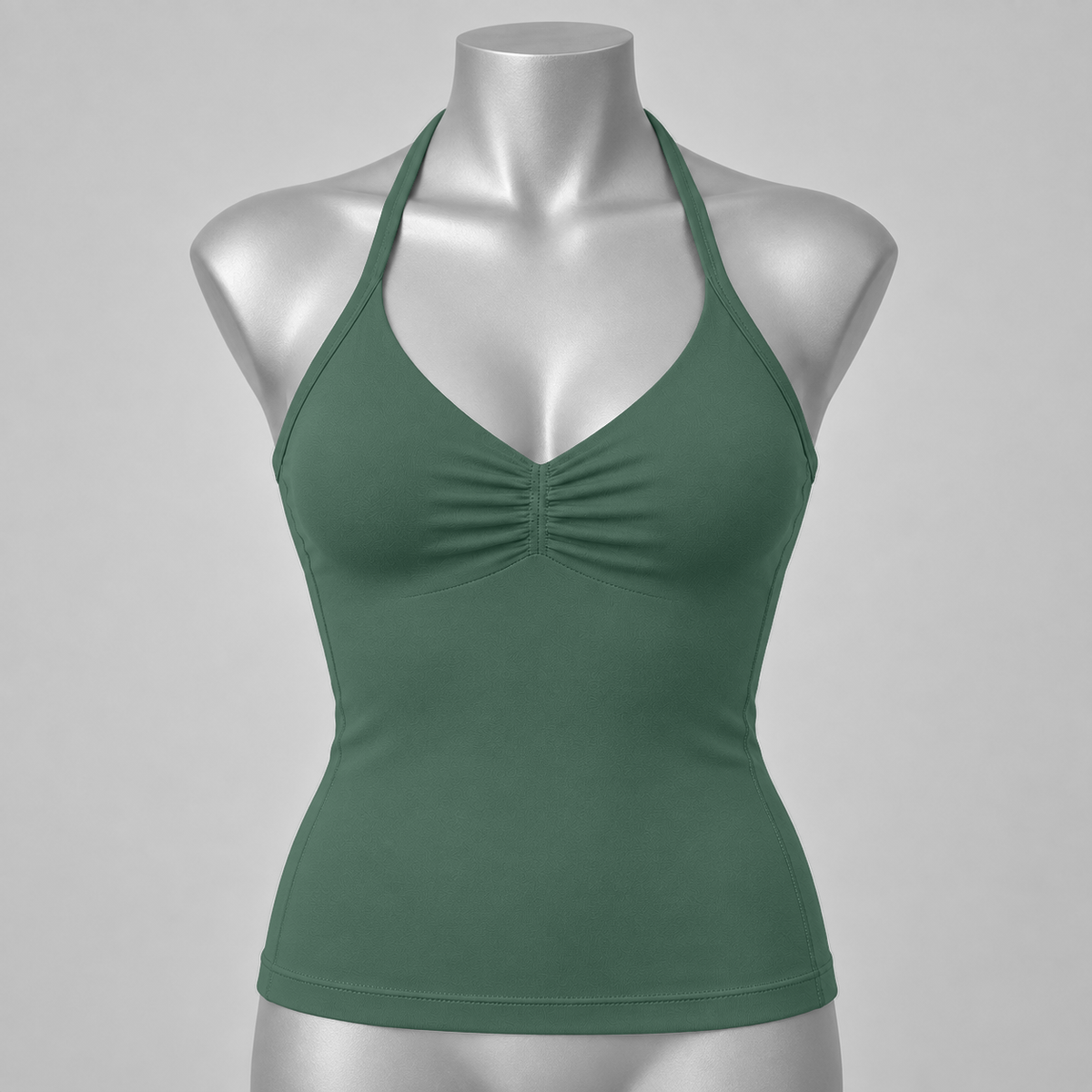 DLYNIO Pistachio ruched longline halter bra, front mannequin view