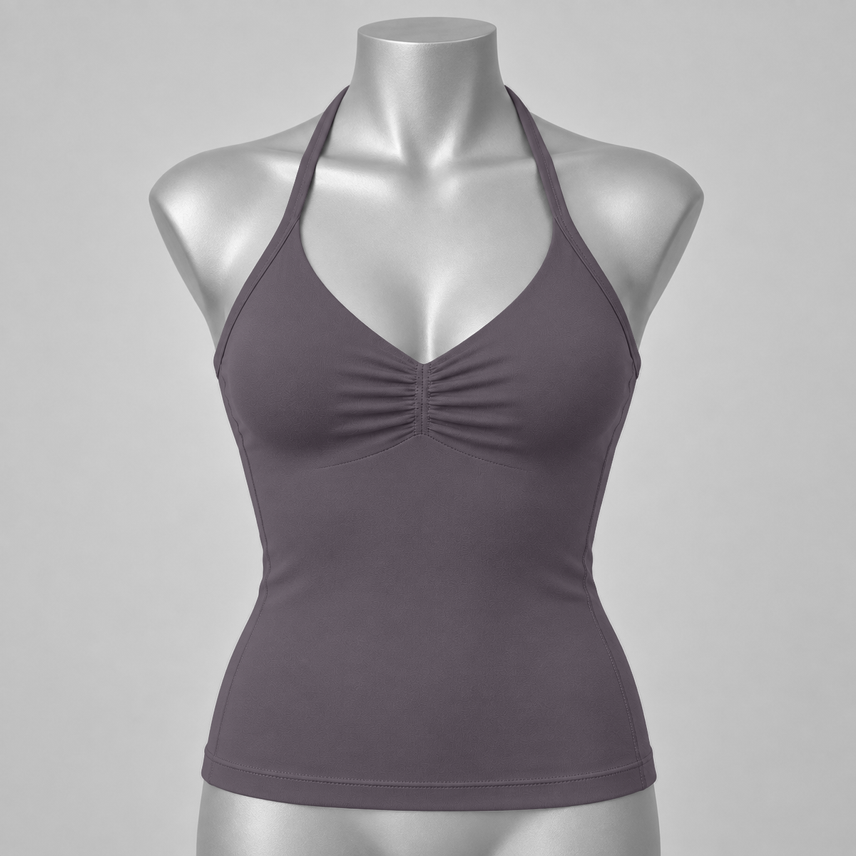 DLYNIO Truffle ruched longline halter bra, front mannequin view